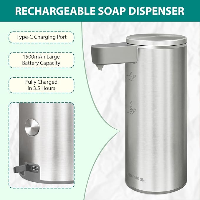 Automatic Soap Dispenser Stainless Steel with Sensor Infrared Soap Dispenser Electric IPX5 Waterproof USB-C Charging Motion Sensor for Kitchen & Bathroom (Silver)