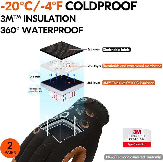 Vgo... 2-Pairs -4℉ or above 3M Thinsulate C100 Winter Warm Waterproof Light Duty Mechanic Glove, High Dexterity, Anti-abrasion, Rigger Glove (Size S, Black&Brown, GA9603FW)