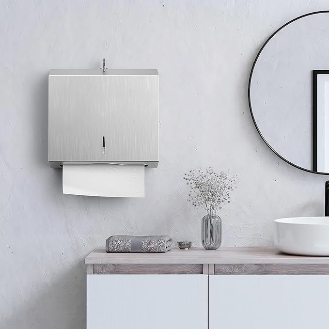 Paper Towel Dispenser Wall Mount -Commercial C Fold/Multi-fold/Tri-fold,Stainless Steel Bathroom Hand Towel Dispenser with Lock Design
