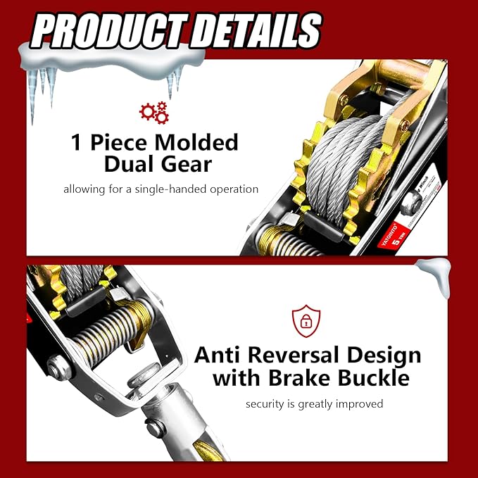 Come Along Winch 5-Ton 9.84FT Steel Cable & 3 Hooks Dual Gear with Two 1"x8FT Lifting Sling Heavy Duty Ratchet Power Puller Tool for Vehicle Rescue