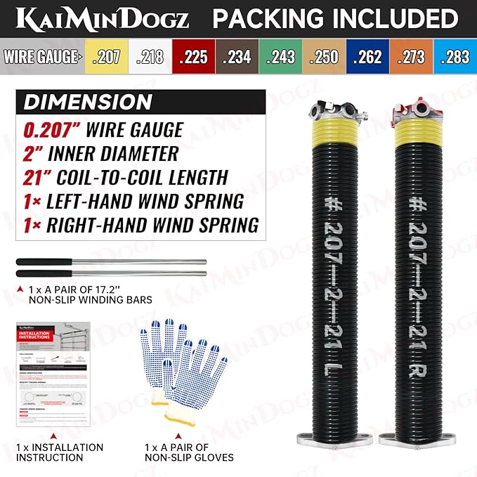 Pair of 2" Garage Door Torsion Springs Set with Non-Slip Winding Bars & Gloves, High Quality Precision Electrophoresis Black Coated, for Replacement & Installation, MIN 16,000 Cycles (0.207x2''x21'')