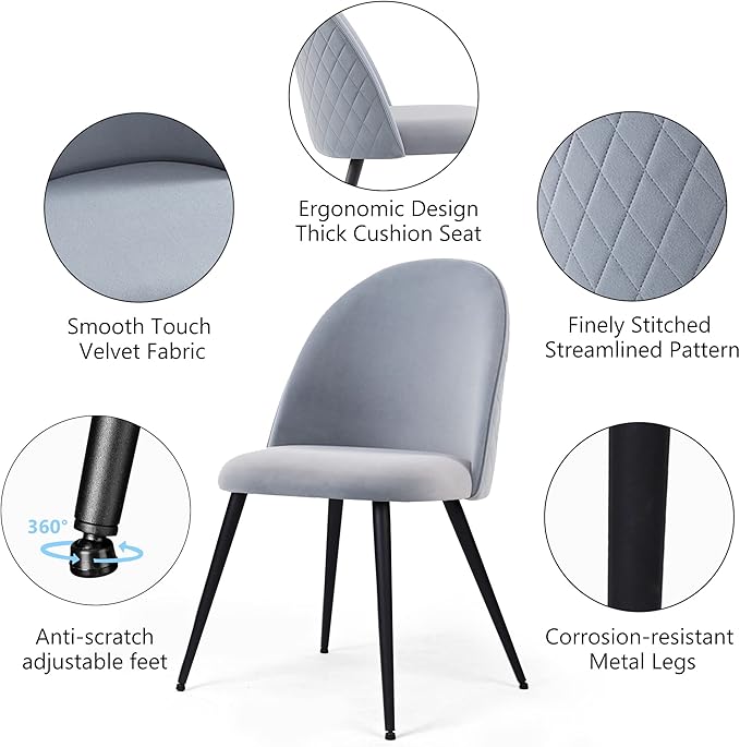 Upholstered Dining Chair Set of 4,Modern Kithen Velvet No Arms Home Ergonomic High-Back Vanity Elegant Accent with Black Metal Legs for Any Decor,Grey, 4*Chair,