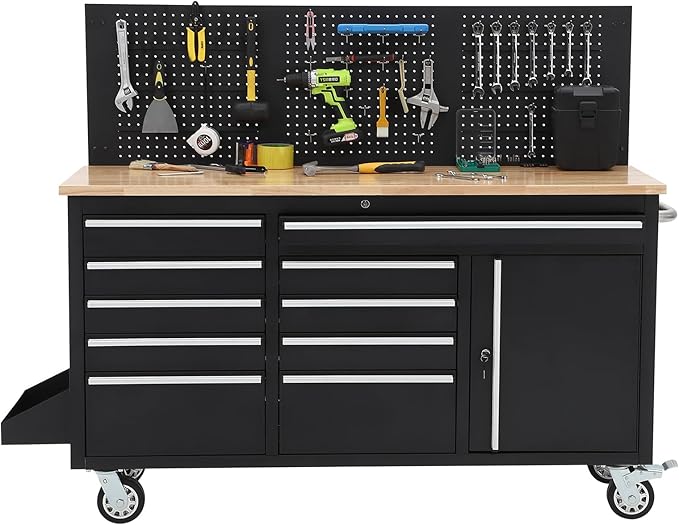 Heavy Duty 61 in Tool Chest Cabinet, Mobile Garage Workbench with 10 Drawers and Power Strip, Rubber Wood Worktop, 1675 LBS Load, Rolling Tool Storage Organizer for Mechanic, Shop or Home Use