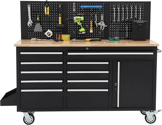 Heavy Duty 61 in Tool Chest Cabinet, Mobile Garage Workbench with 10 Drawers and Power Strip, Rubber Wood Worktop, 1675 LBS Load, Rolling Tool Storage Organizer for Mechanic, Shop or Home Use