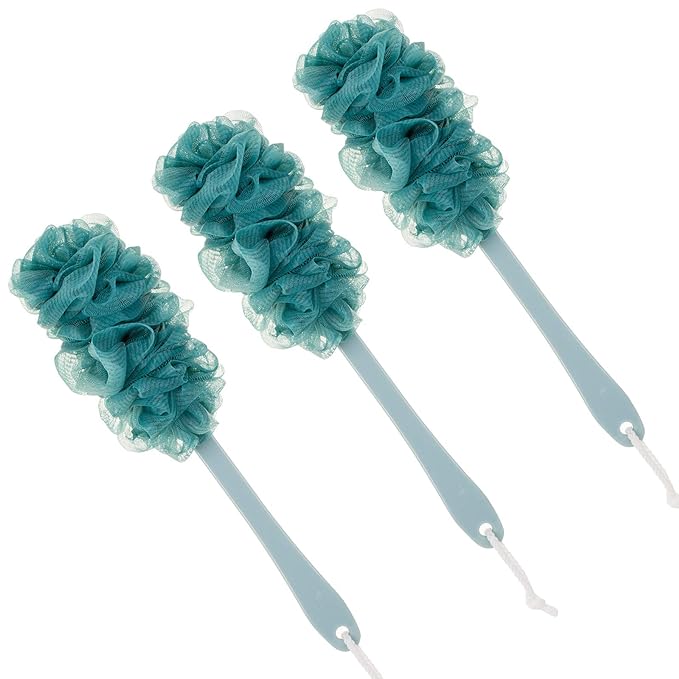 Back Scrubber for Shower,Loofah Long Handle Bath Body Brush,Soft Nylon Mesh Sponge for Shower,Loofah On a Stick for Men Women,Exfoliating Scrub Cleaning Luffa for Elderly(3-Pack,Blue)