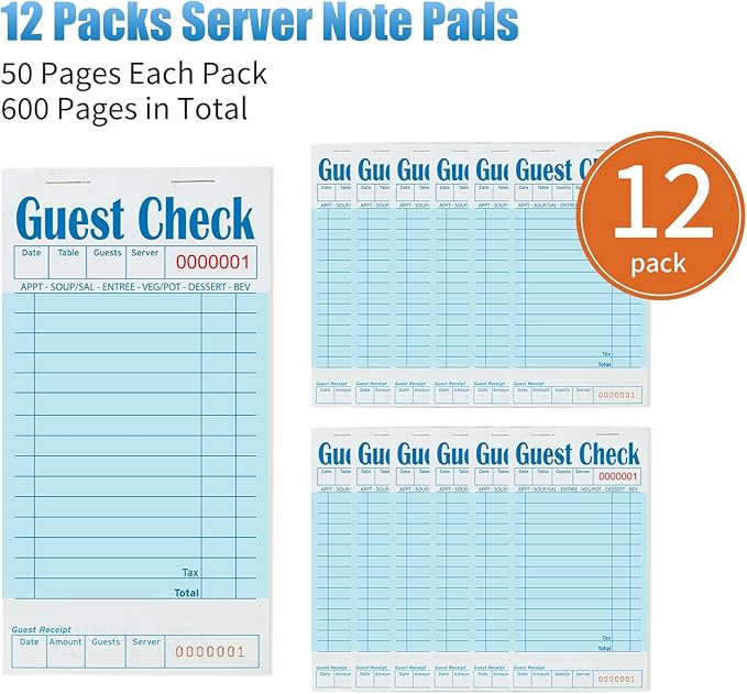 12 Pack Blue Guest Checks Books for Servers Server Note Pads, Waiter Checkbook, Waitress Notepad for Restaurants, Paper Checks 50 Sheets/Pack, 300 Total Tickets