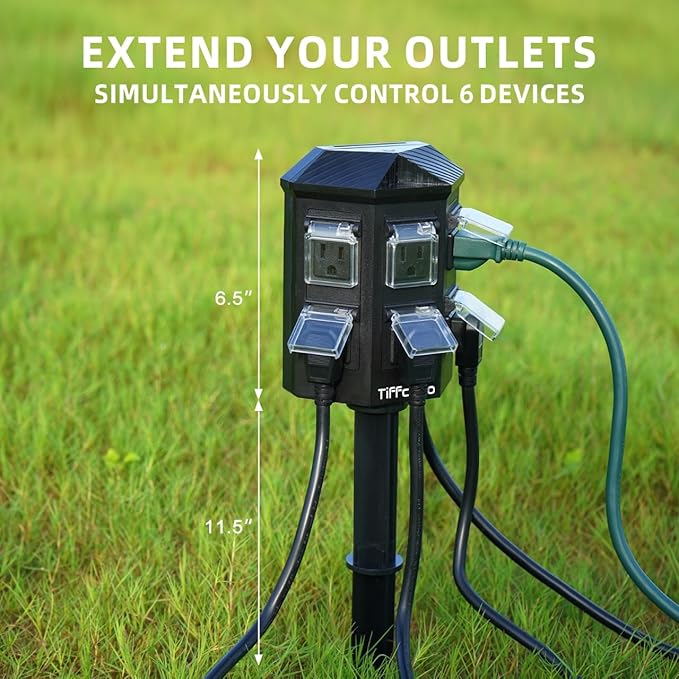 TiFFCOFiO Outdoor Power Strip Weatherproof, 30 FT Extension Cord with Stake, 6 Grounded Weatherproof Outlets for Yard Decorations, 15A/1875W, ETL Listed