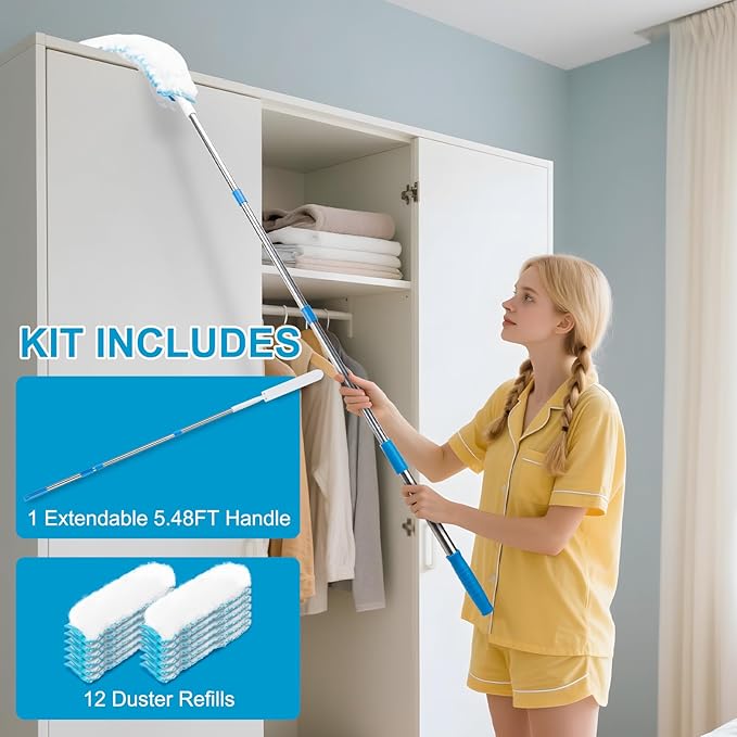 Kefanta Duster Heavy Duty Dusting Kit,5.5 ft Long Extendable Handle with 12 Disposable Microfiber Duster Refills for Home Cleaning, Ceiling,Fan, Blind,Window |Traps 5X More Dust Than Feather Dusters