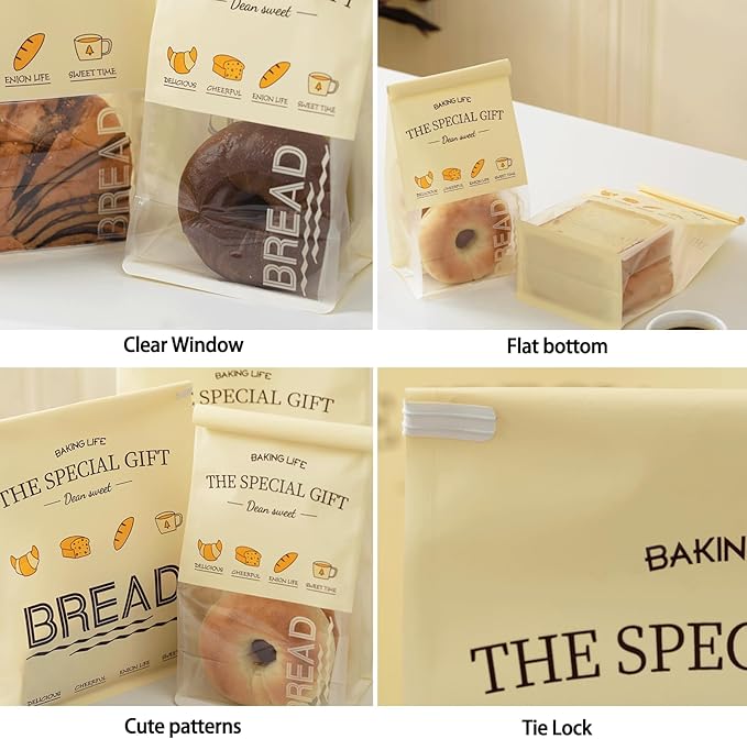 50 Pcs 8.6 Inch Bread Bags with Tin Tie, Bread Pattern Large Loaf Bags Made Of Milky yellow Paper, Storage Packing Bag with Clear Window for Bakery, Cafe, Homemade Bread