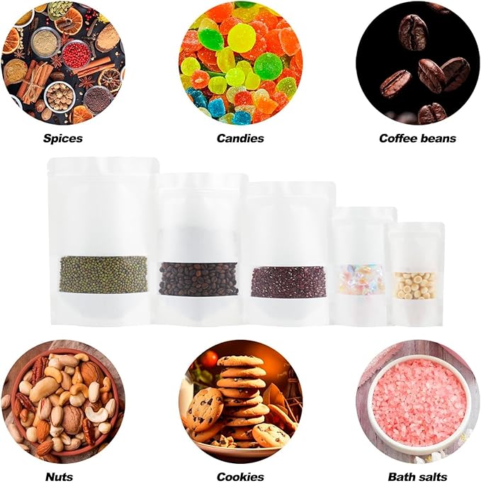 100 Pack Bags, Resealable Bags with Clear Window, Stand-up Bags for Sealing Storage, Scratch Resistant Hand Storage Bags. (White, 7×10 Inch)