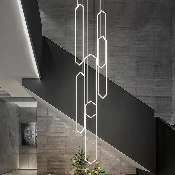 Modern Adjustable Height Chandelier White 4000K LED Pendant Lights 6 Rings Rectangular Celling Light Staircase Large Chandelier for High Ceilings Foyer Entryway