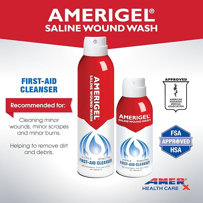 AMERIGEL - Saline Wound Wash (Pack of 2) First Aid Sterile Cleansing Solution - Advanced Skin and Wound Care - 7.1 Oz.