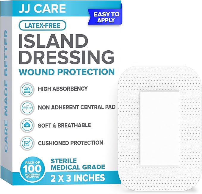 JJ CARE Adhesive Island Dressing [Pack of 100], 2x3 Sterile Bordered Gauze, Breathable Island Wound Dressing, Individually Wrapped Adhesive Gauze Bandages with Non-Stick Central Pad