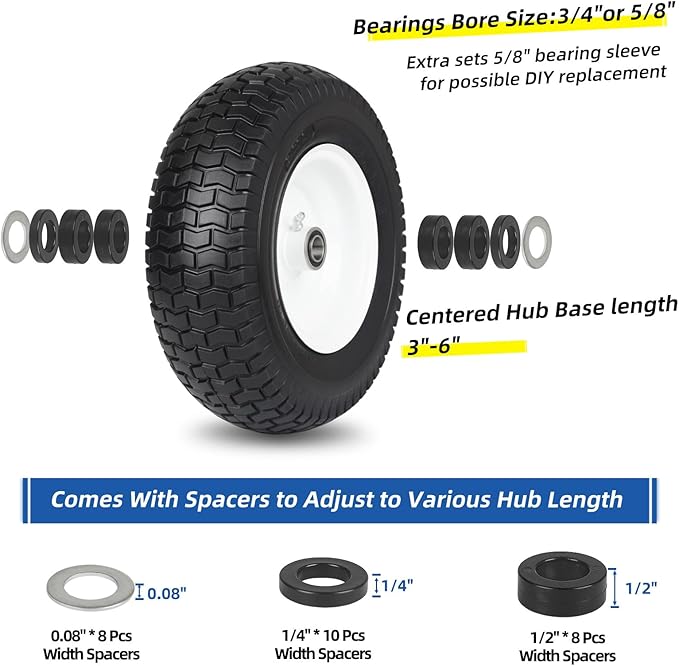 2 Pack, 13x5.00-6 Flat Free Lawn Mower Tire and Wheel, 13x5-6 Riding Lawnmower Tire with 3"-6" Centered Hub and 3/4" & 5/8" Bearings, Tractor Turf Tire Turf-Friendly, 2 Pack