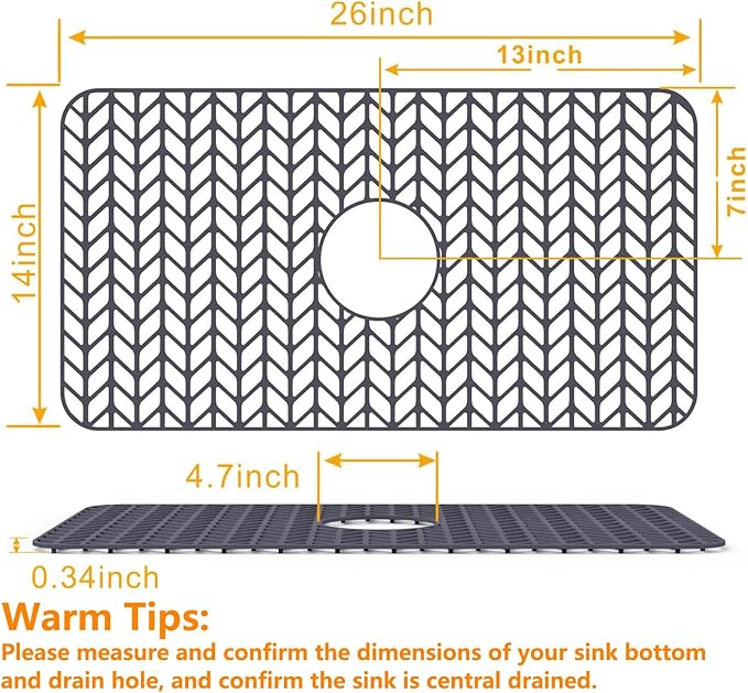 Sink Protectors for Kitchen Sink 12"13"16"18"19"24"26"28"29"30",Silicone kitchen sink mats protector for bottom of farmhouse sink(26"x14"Center Drain Gray)