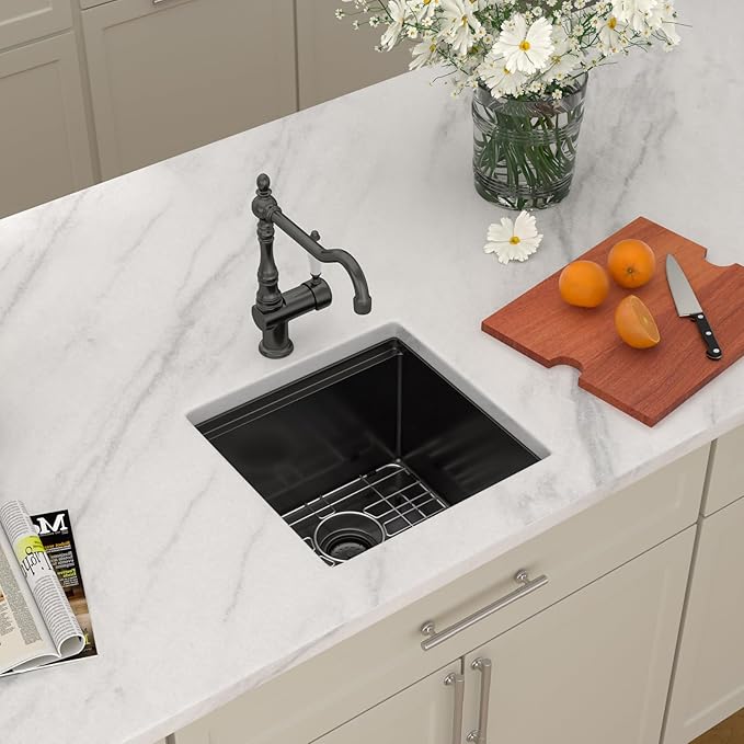 Dcolora 17 Inch Black Kitchen Sink Undermount Wet Bar Sink Workstation Spuare16 Gauge Stainless Steel Small Prep Sinks Single Bowl 17’x17", DC-U1112
