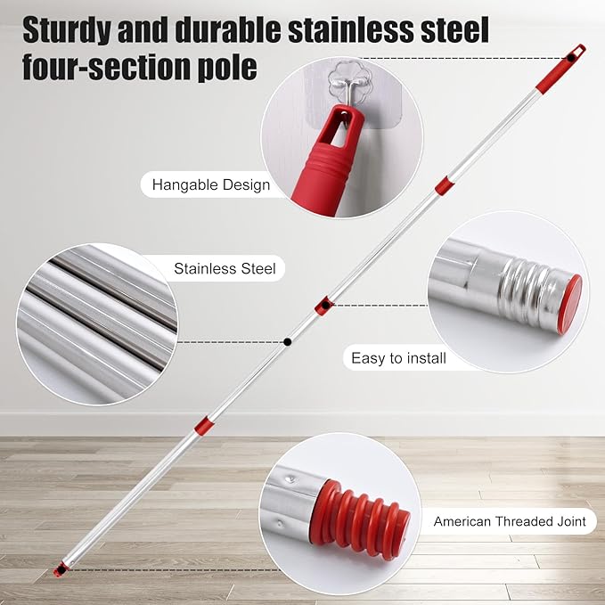 Spin Mop Replacement Handle, 2 Pack Mop Head&Base Scrub Brush 4-Section 30-to-58 inch Mop Replacement Stick Compatible with Ocedar Mop Handle for Easy Wring Mop Refills