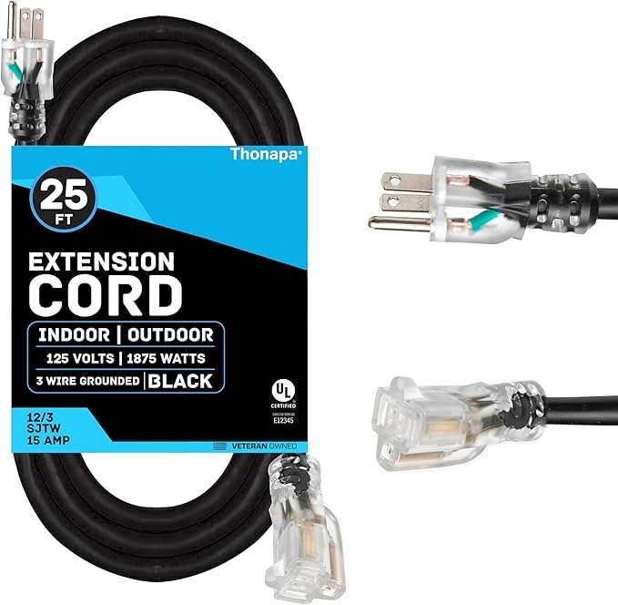 12 Gauge Extension Cord 25 Ft, SJTOW Oil Resistant & Flame Retardant Heavy Duty Extension Cord Black 3 Prong 25ft, 12/3 Black Outdoor Electric Cable Great for Major Appliance, Farm & Ranch
