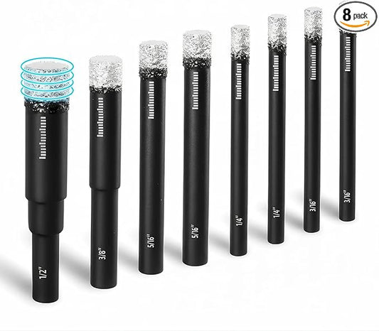 BLACK CANYON 8 Pcs Diamond Core Bit Set, 3/16", 1/4", 5/16", 3/8", 1/2" Tile Drill bits with Integrated Coolant for Fast Dry Drilling, for Ceramic Tile, Marble, Granite, Quartz & Glass