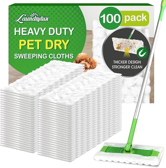 Heavy Duty Dry Sweeping Cloths Refills Compatible with Swiffer Sweeper, Multi Surface Pet Dry Pads Refill, Floor Cleaner for Dust, Hair, Dirt, Disposable Duster Mop Pad - 100 Count