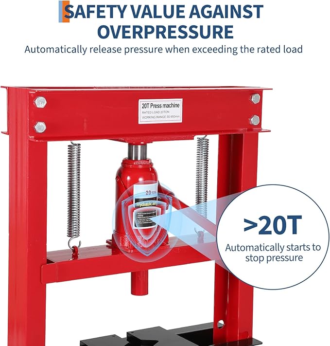 20T H-Frame Garage Floor Adjustable Shop Bearing Press with Stamping Plates to Bend