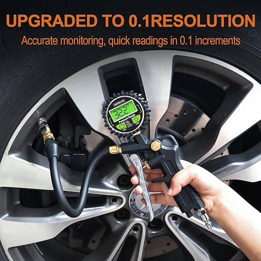 SAFELIFE Digital Tire Pressure Gauge with Inflator, 250 PSI Air Chuck with Pressure Gauge and Air Compressor Tire Inflator Attachment Include Quick Connect Coupler, 0.1 Display Resolution