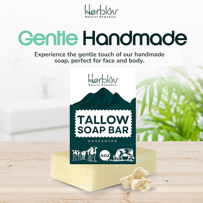 Beef Tallow Soap Bar – All Natural Grass Fed Tallow Soap Unscented – Moisturizing Face & Body Wash Great for Eczema, Dry, Itchy, Sensitive Skin – Handcrafted Bath Soap for Adults, Kids, Made in USA