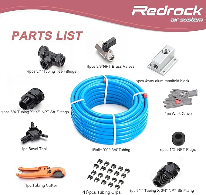 Shop Air Line Kit 3/4" x 200ft, HDPE Aluminum Air Compressor Piping for Garage Leak Proof & Easy to Install Air Hose Kit Air Compressor Accessories 200PSI ASTM F1282 Blue