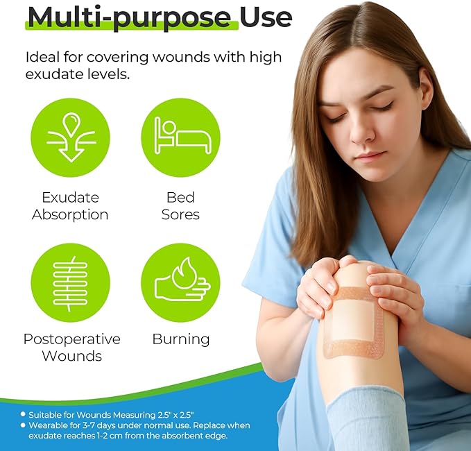 AUVON Silicone Foam Dressing with Large Adhesive Border, 4" x 4" 22 Packs Wound Dressing Bandage with High Absorbency, Waterproof Silicone Foam Pads for Wound Care & Protection Plus Cushioning