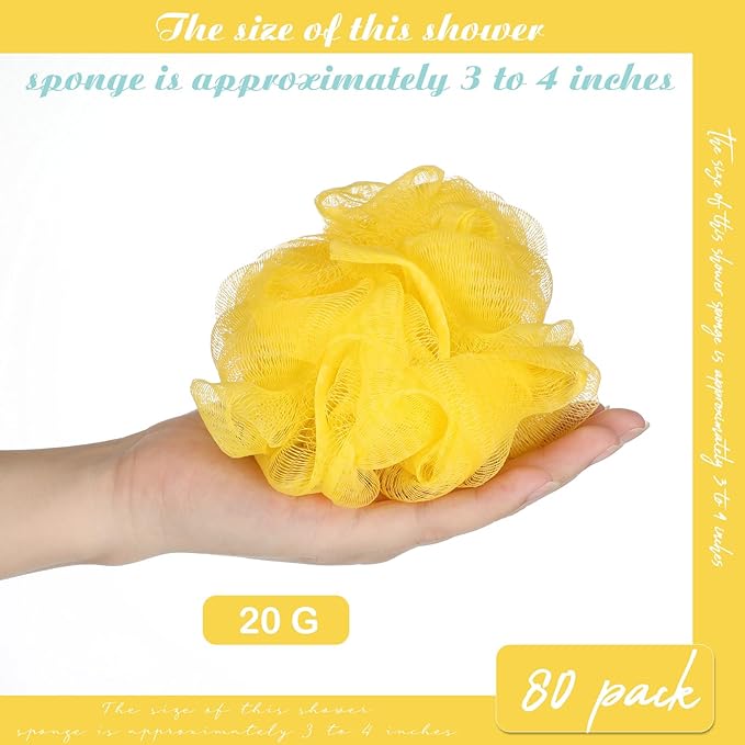 CHENGU 80 Pcs Loofah Bulk Sponge Bath Sponges for Shower Bath Loofah Bulk Shower Pouf Shower Puff Wash Body Pouf Mesh Loofah Exfoliating Body Scrubber for Baby Women Men, 20g (Yellow Series), White