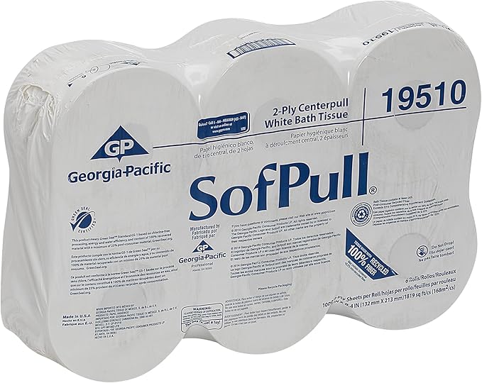 Georgia-Pacific SofPull 19510 Centerpull 2-Ply High Capacity Toilet Paper, 1000 Sheets Per Roll, 6 Rolls Per Case, White