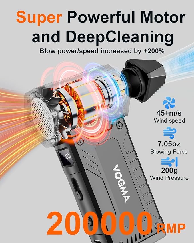 Compressed Air Duster,8 Gear Adjustable 200000RPM Electric Air Duster with HD Display,Rechargable Air Blower with Brusheless Motor,Jet Dry Blower Replace Air Can for PC, Keyboard Cleaning