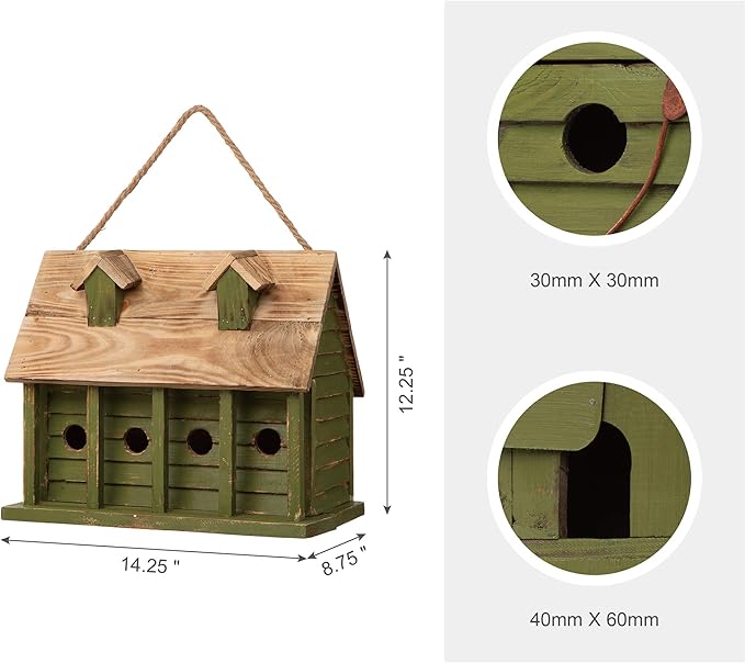Glitzhome 14.25”L Wood Hanging Birdhouse for Outdoors Oversized Distressed Cottage Bird House Rustic Painted Bird House for Bluebird Wren Chickadee Sparrow Bird Nest Box for Garden Patio, Green