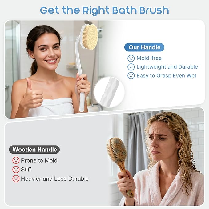 3-in-1 Flexible Up-Down Back Scrubber for Shower for Men & Women, 3 Detachable Back Brush Heads (Silicone/Sponge/Bristle), Ergonomic Long Handle Body Scrubber for Body Cleaning & Exfoliation
