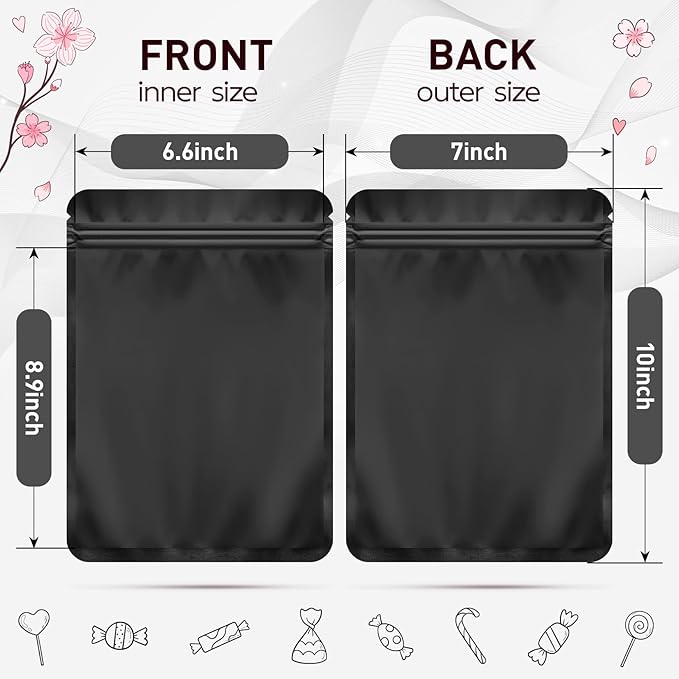 Funfery 100 Pack Black Mylar Packaging Bags Resealable Bags Double Sided Color Odor Proof Pouch Baggies Smell Proof Foil Bag for Food Storage,Small Business(Black,7x10inch)