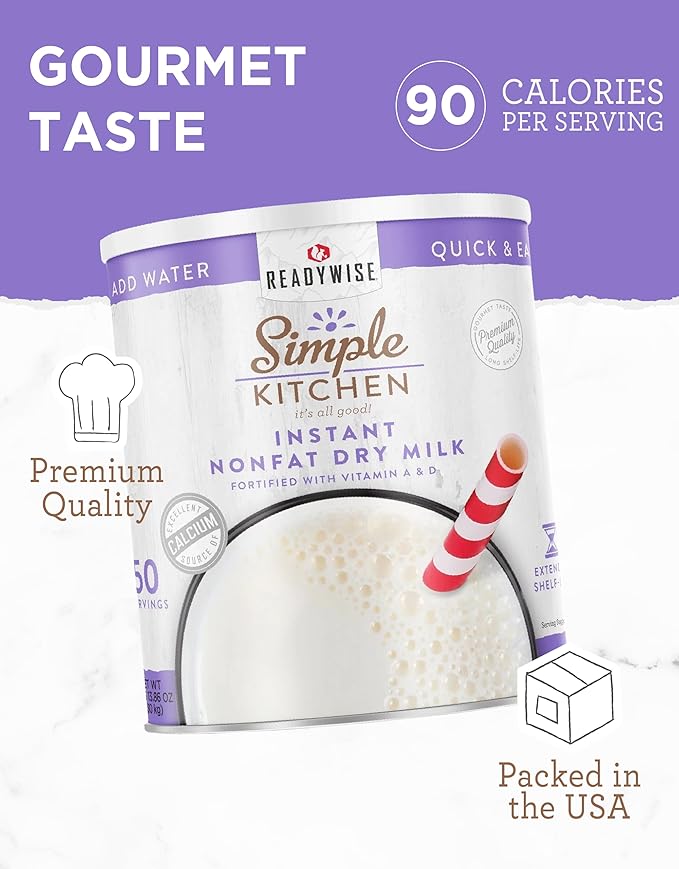 Simple Kitchen Instant Nonfat Dry Milk Powder - 50 Servings #10 Can, Non Fat Powdered Milk Bulk, Dried & Vitamin D Fortified, Daily Use & Emergency Food Long Term Storage, up to 25 Year Shelf Life