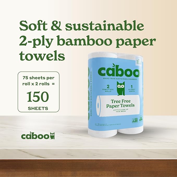 Caboo Tree Free Paper Towels, 2 Rolls, Tree Free, Eco Friendly, Earth Friendly, Sustainable Kitchen Paper Towels with Strong 2 Ply Sheets