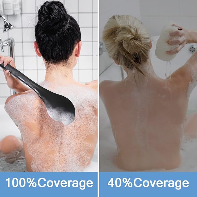 Back Brush Long Handle for Shower, Soft Bristle Back Scrubber for Shower, Ergonomics Curved Long Handle Bath Brush Exfoliating Body Scrubber with Hook and Lanyard-Black