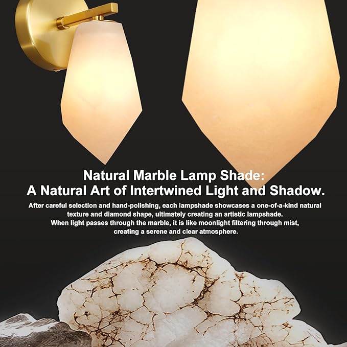Alabaster Wall Sconces Set of Two, Spanish Marble Wall Lamp, Modern Wall Sconce for Living Room, Hardwired Wall Lighting for Bedroom, Wall Light for Bathroom Hallway Stairs, Gold