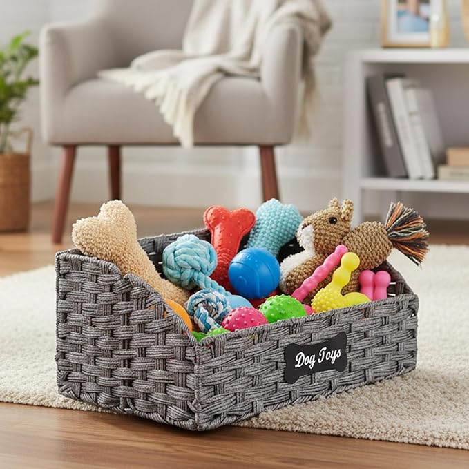 Geyecete dog toy basket Foldable Pet Toy Storage Box, Gray Seagrass & Iron Wire Design for Organized Living pet toy bin basket Wicker dog toy box