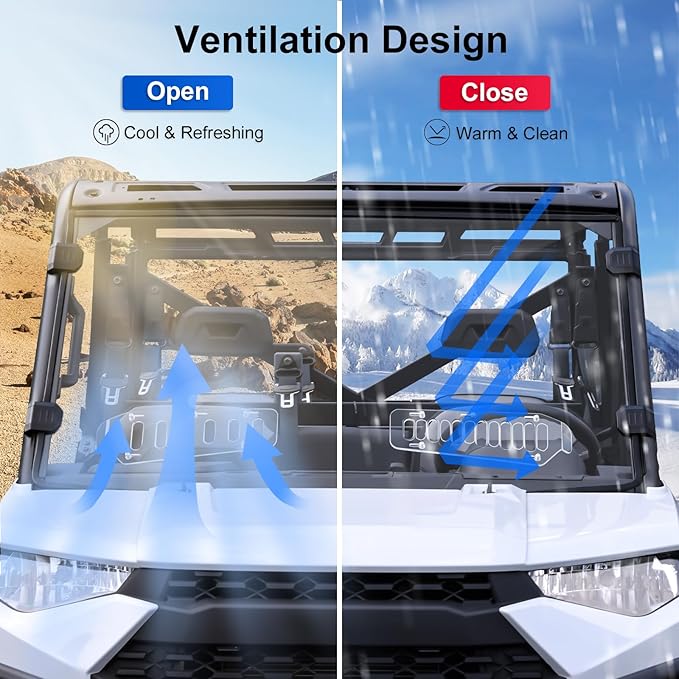 Scratch Resistant & Vented Full Windshield Compatible with Polaris Ranger 1000 / XP 1000 / Crew 1000 2017-2025 PC Clear Protects Against Wind, Dust, Dirt, Snow, Rain