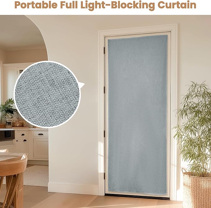 100% Blackout French Door Curtain,Adhesive, No Drilling Required,Small Curtains Designed for Installation On Doors (Light Gray - W25 × L72 in)