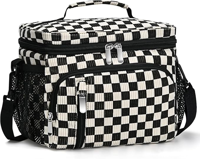 Insulated Lunch Bag for Men & Women - Leakproof Lunch Box Soft Cooler Tote, Adjustable Strap, Reusable Lunch Box for Work Office Picnic Beach Travel-Corduroy Black Checkered