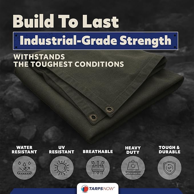 TarpsNow® Fire Retardant Tarp - 10' x 12' - 18 MIL Heavy Duty Canvas Tarp - Flame & Tear Resistant w/Brass Grommets - Best for Safety, Outdoors, Camping, Boating, Welding, Woodpile, House, Fire Pit