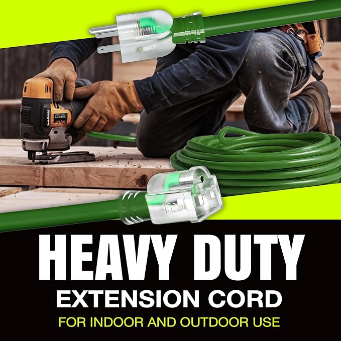 10ft Outdoor/Indoor Extension Cord 10/3 Gauge Ultra Heavy Duty 3 Prong SJTW, Waterproof, Flexible Cold-Resistant Long Power Cord,15A 125V 1875W, Green by LifeSupplyUSA