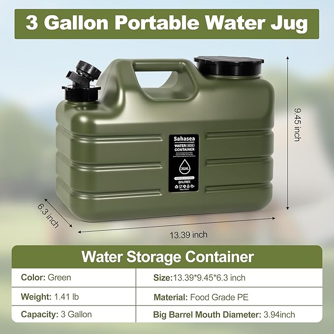 3 Gallon Water Jug, Portable Camping Water Jug BPA Free, Leak-Proof Water Storage Containers for Camping, Emergency Water Storage for Outdoor Hiking Picnic