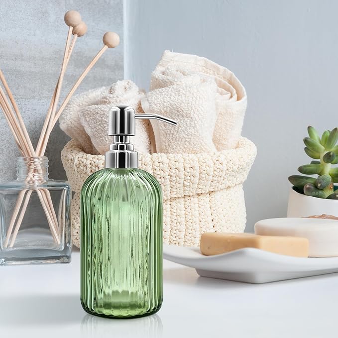 18 Oz Glass Soap Dispenser with Stainless Steel Pump, Modern Ribbed Design Refillable Liquid Soap Bottle for Bathroom, Kitchen, Hand Soap, Dish Soap, or Lotion (Light Green)