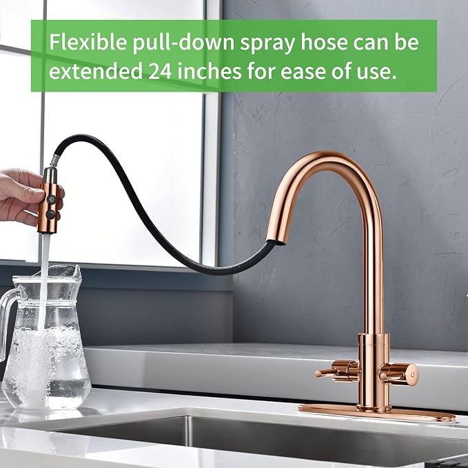 Kitchen Faucet, Two Handles Sink Faucet with Sprayer, Stainless Steel, Copper Rose Gold, PB1048