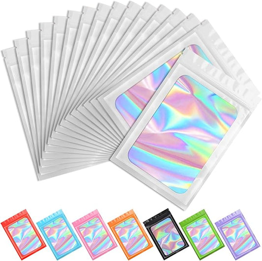 Funfery 100 pcs White Holographic Mylar Packaging Bags,Clear Sealing Resealable Smell Proof Bag Foil Pouch Zipper Bag for Food Storage,Gloss,Lash,Jewelry Packing for Small Business (6.3x9.4In)