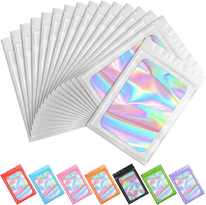 Funfery 100 pcs White Smell Proof Mylar Holographic Bags Packaging Bags,Clear Resealable Odor Proof Bag Foil Pouch Bag for Food Storage,Lipgloss,Jewelry,Eyelash Packaging for Small Business(3x4.7In)